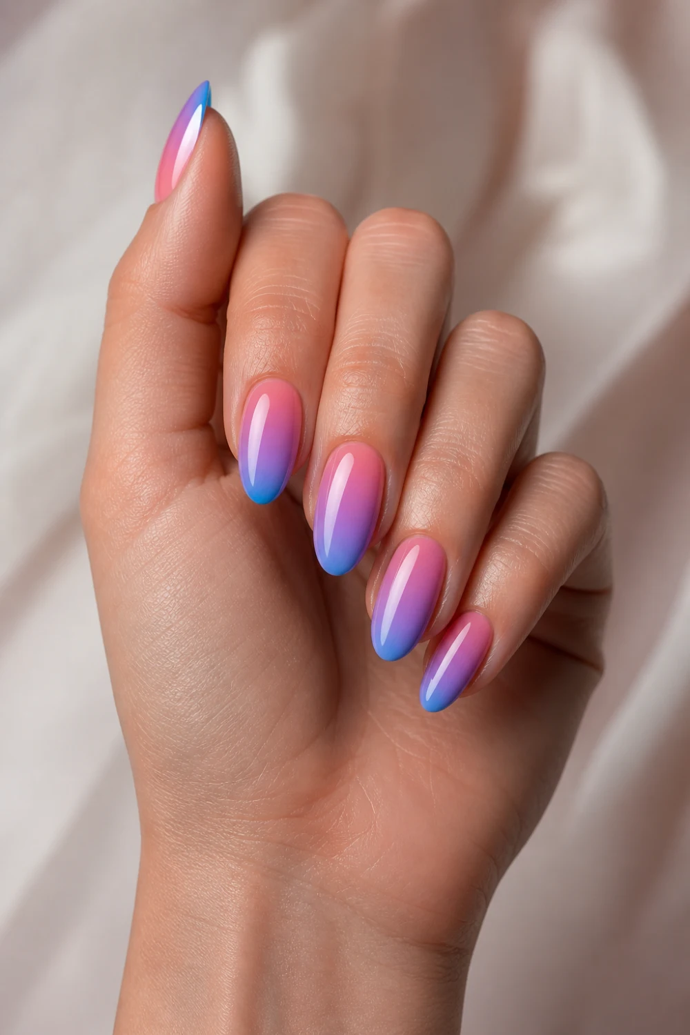 berry ombre nails pink purple blue gradient glossy almond nails soft aesthetic spring manicure smooth blend glossy finish