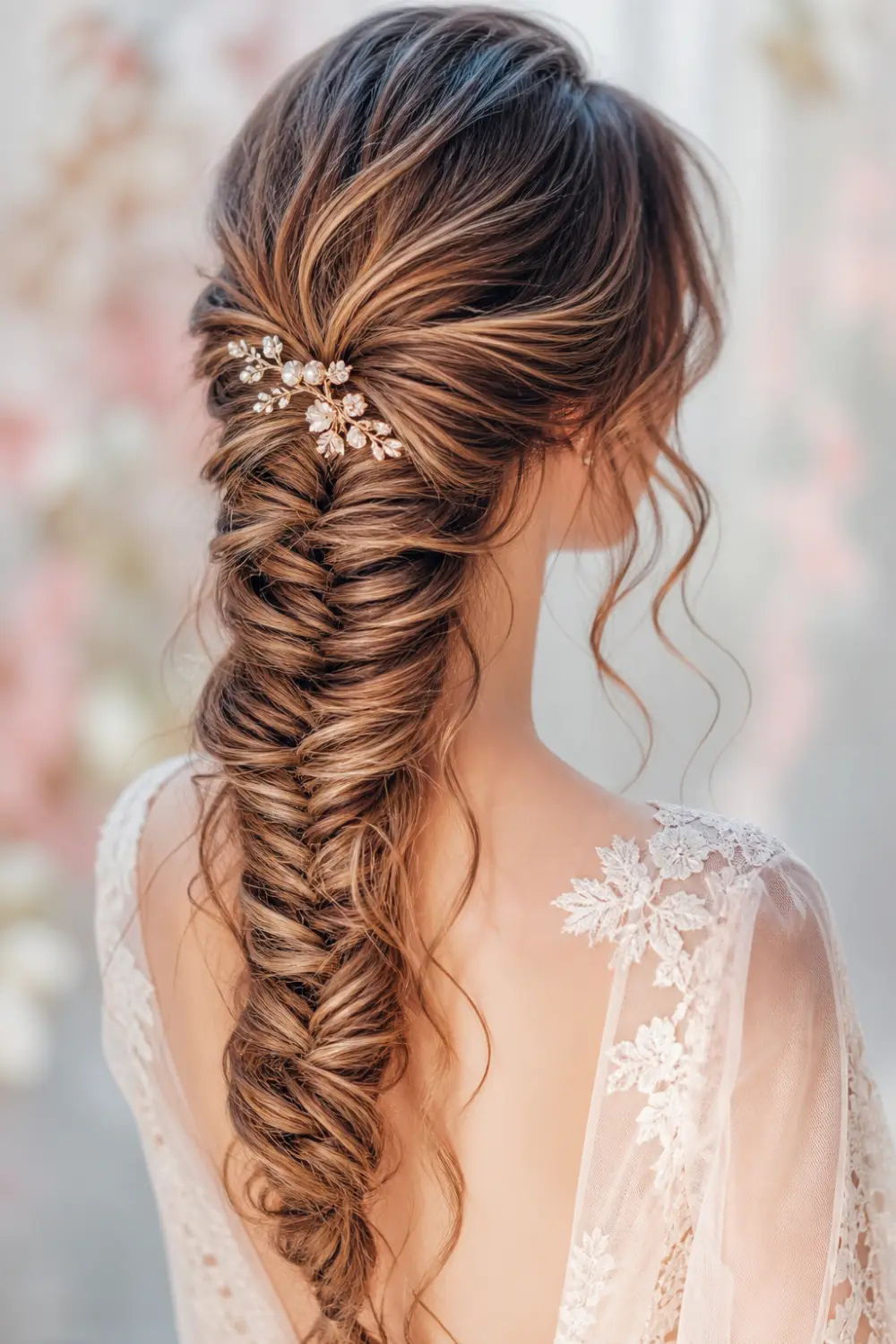 fishtail braided ponytail detailed weave braid soft romantic hairstyle bridal look loose strands textured long hair
