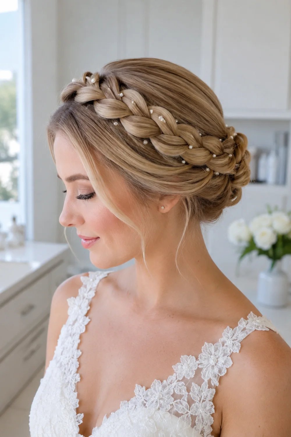 Pearl halo braided updo hairstyle with thick woven braid, polished low bun, blonde hair texture, and delicate pearl details for weddings and parties.