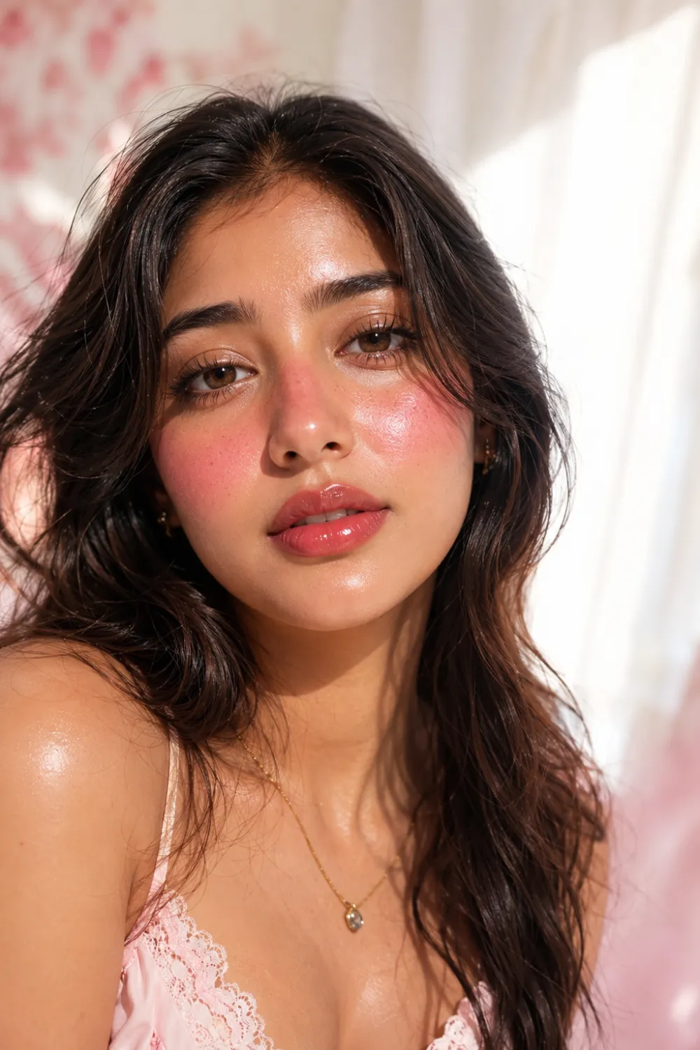 South Asian woman wearing cherry blush glow makeup with radiant dewy skin glossy pink lips flushed rosy cheeks natural lashes and soft wavy hair in bright daylight