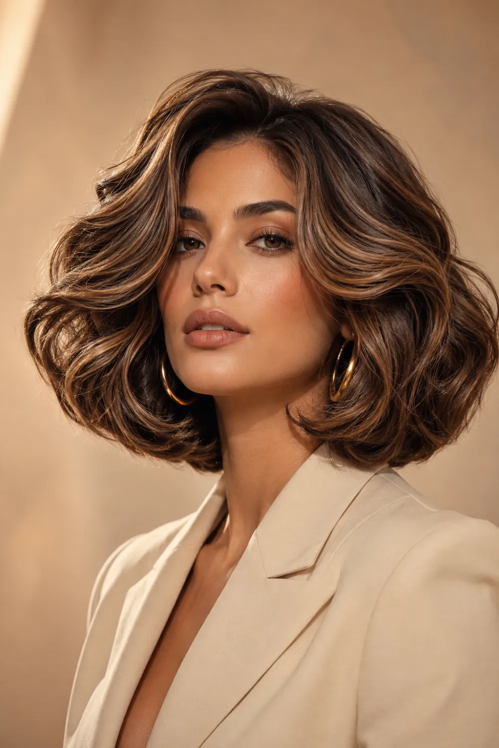 Glamorous voluminous layered bob hairstyle with soft sculpted waves, brunette caramel dimension, rounded volume, and elegant salon-style short hair for 2026.