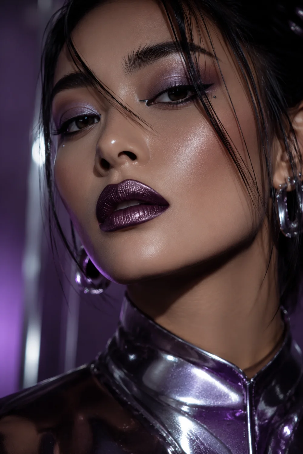 Futuristic beauty portrait featuring metallic midnight plum lips with reflective satin shimmer, glowing skin, lavender metallic eyeshadow, sleek dark hair, silver fashion styling, and modern editorial beauty aesthetics. High-fashion plum lipstick trend with cinematic lighting and futuristic dark feminine glam vibes for 2026.