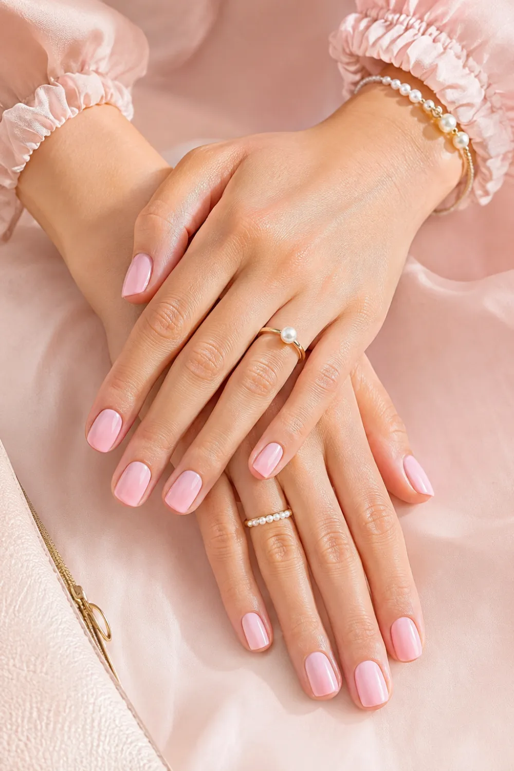 Soft baby pink short nails with glossy feminine manicure styling, pearl jewelry, blush pink background, and elegant romantic beauty aesthetic on feminine hands.