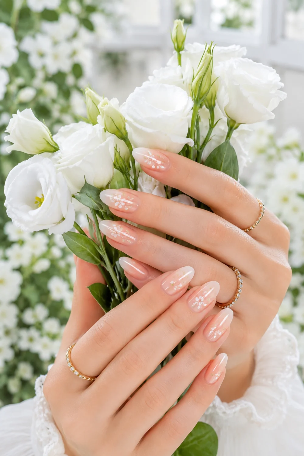 Peach floral almond nails with delicate white flower nail art, glossy feminine manicure, gold rings, and romantic summer aesthetic