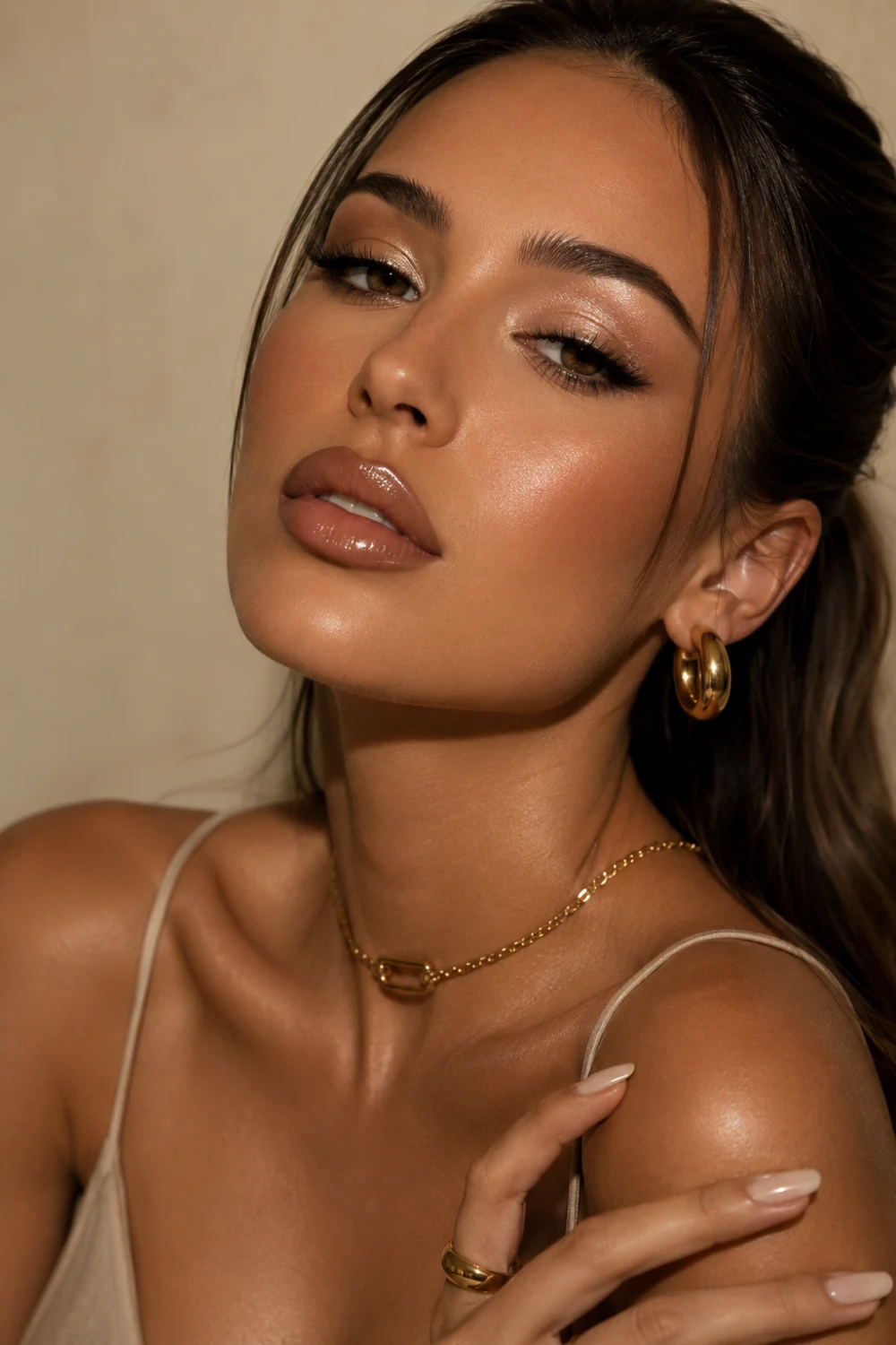 Elegant glossy nude Y2K makeup look with champagne shimmer eyeshadow, bronzed glowing skin, nude glossy lips, soft contour, gold jewelry, and luxurious retro beauty aesthetics.