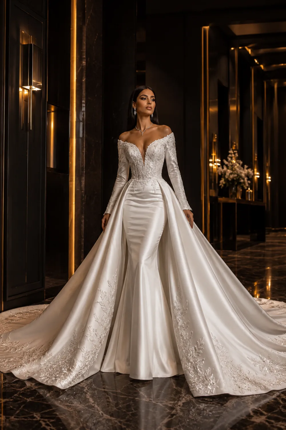 Luxury detachable overskirt wedding dress with fitted satin gown, dramatic overskirt train, illusion neckline, and elegant embroidery details worn by a glamorous bride inside a modern luxury venue.