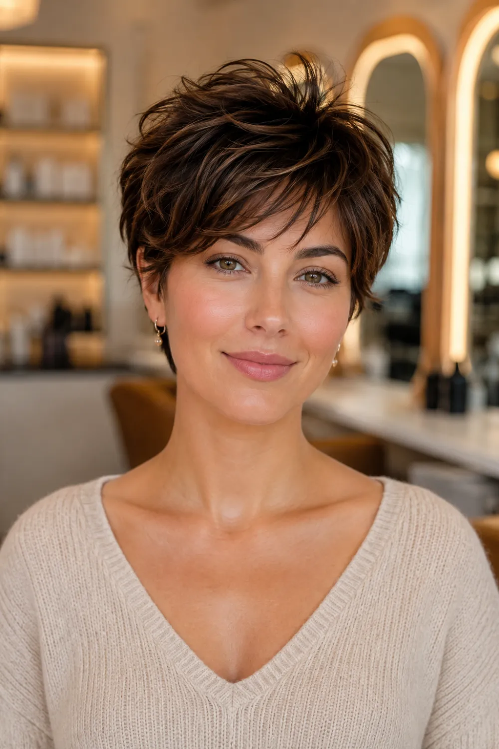 Soft brunette layered pixie haircut with wispy fringe, natural volume, and elegant textured short hair in a luxury salon with warm neutral aesthetic.