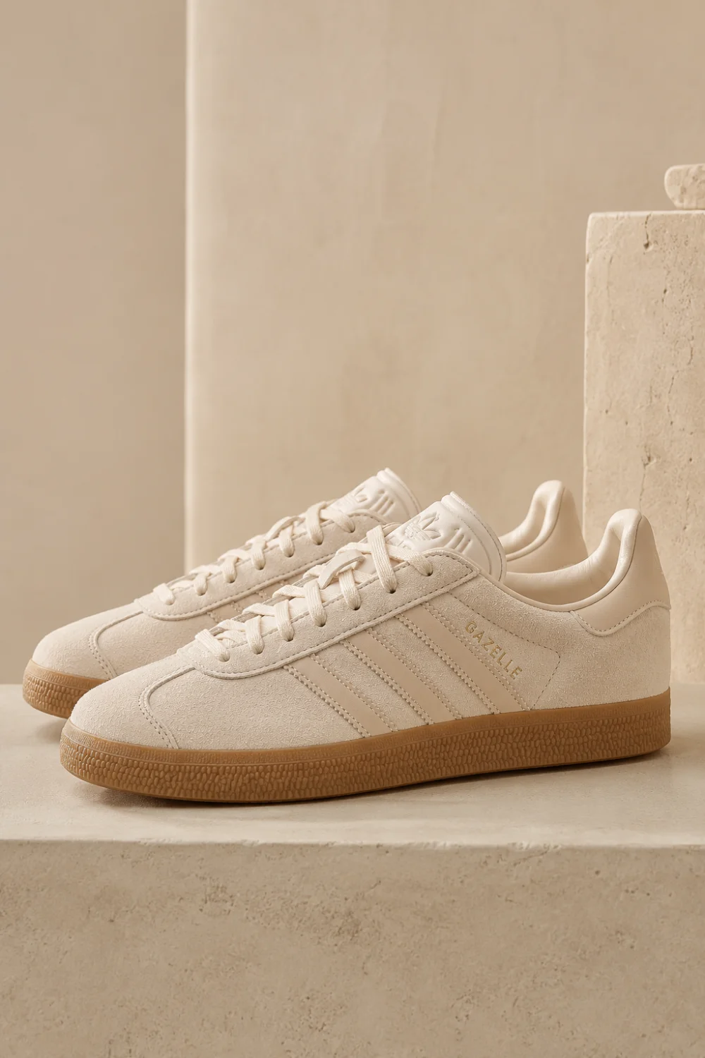 Cream Adidas Gazelle women sneakers with suede texture and gum sole styled in neutral quiet luxury aesthetic for elegant everyday outfits and minimalist Pinterest fashion inspiration.