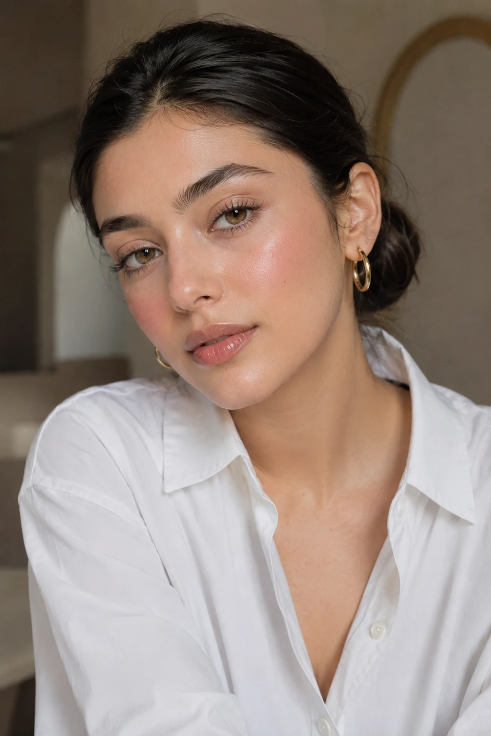 Clean girl rosy makeup with glowing skin, soft pink blush cheeks, glossy nude lips, brushed brows, sleek bun hairstyle, white shirt outfit, and minimalist beauty aesthetic.