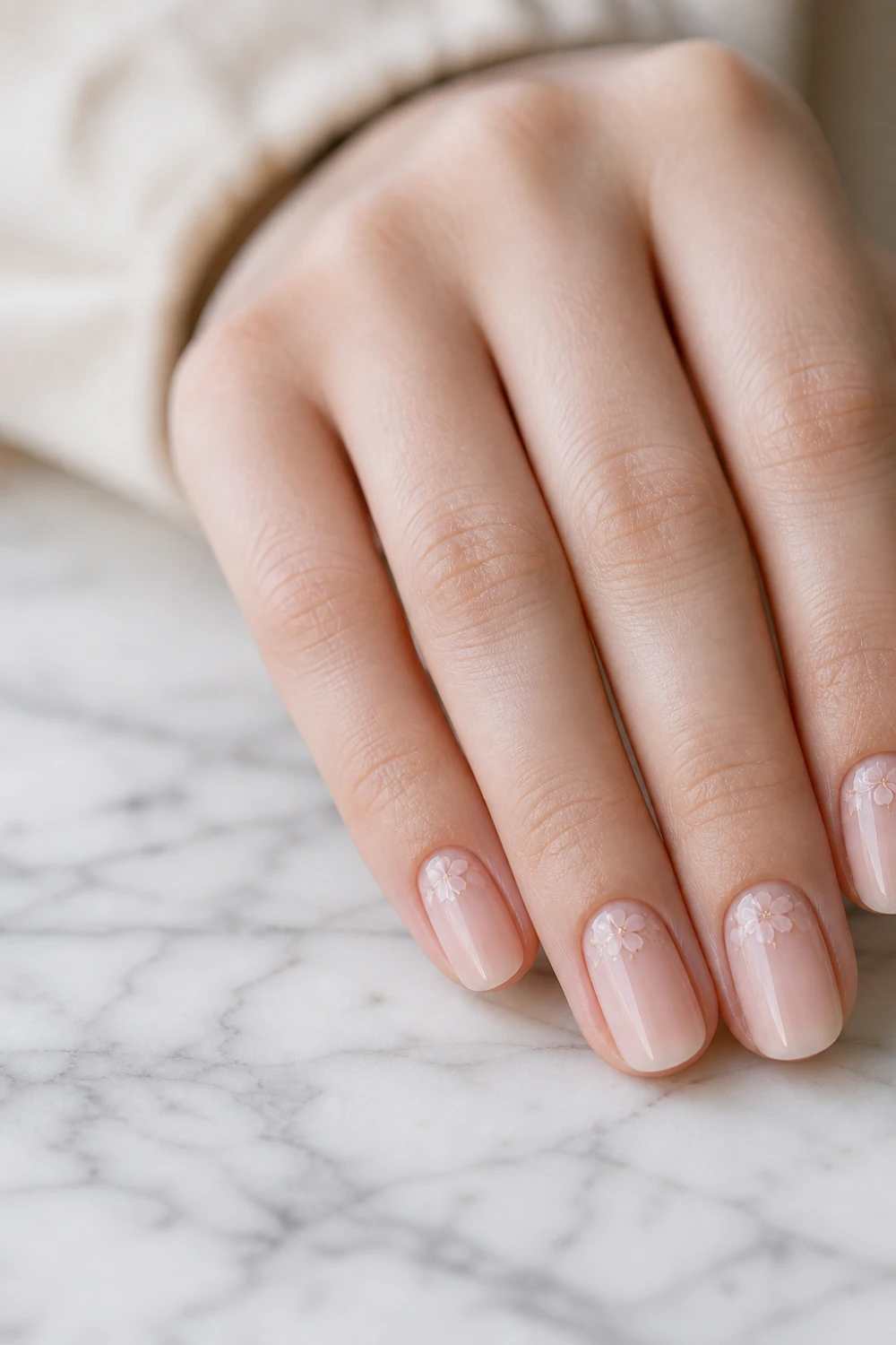 sheer blush nude nails with tiny micro blossoms near tips, glossy short nails, minimal floral manicure, soft clean aesthetic