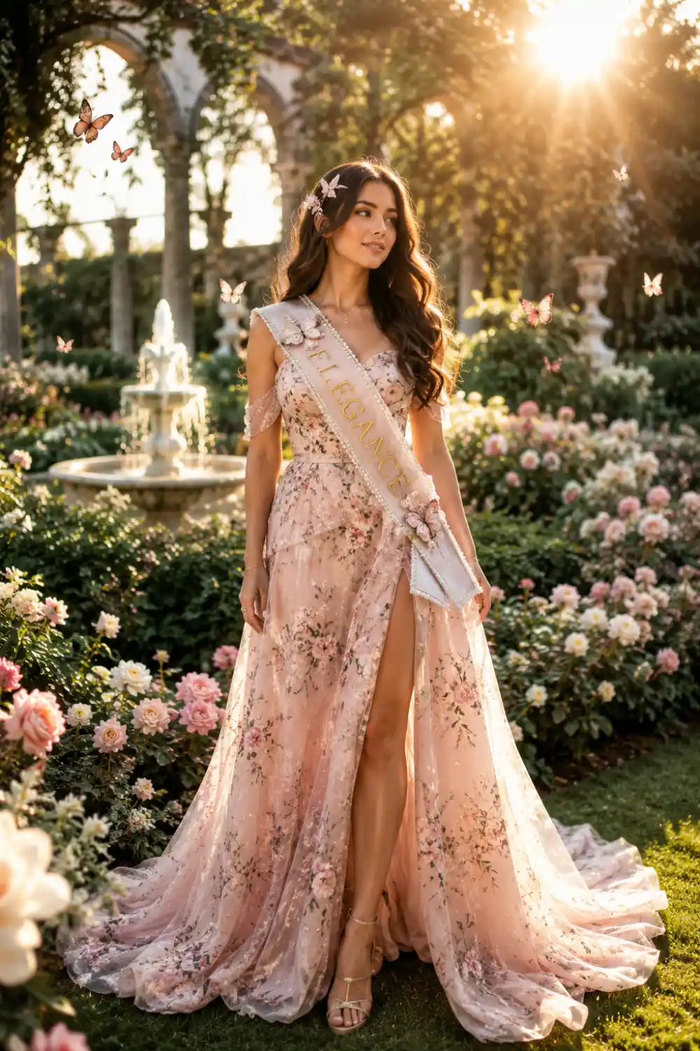 Floral princess sash with romantic pastel gown standing in a blooming rose garden with butterflies glowing sunlight and dreamy feminine styling