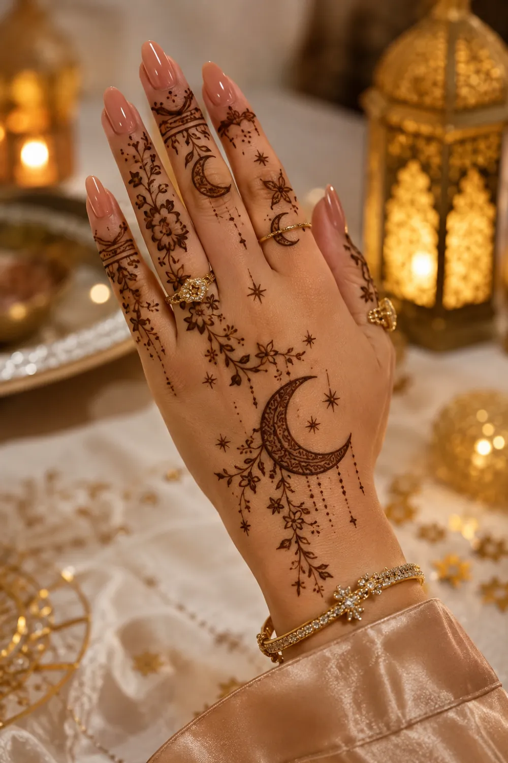 Crescent moon Eid mehndi design for Eid ul Adha 2026 featuring celestial Arabic henna patterns, stars, floral vines, nude nails, and luxury festive hand styling.
