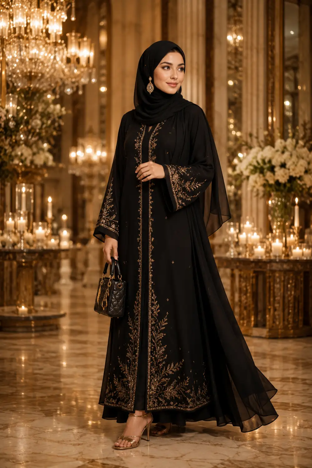 Elegant hijabi woman wearing a luxurious black embroidered abaya with gold detailing, matching chiffon hijab, metallic heels, and a designer handbag inside a glamorous candlelit venue. The classy modest evening outfit features flowing fabrics, luxury fashion styling, and sophisticated Eid-inspired aesthetics.