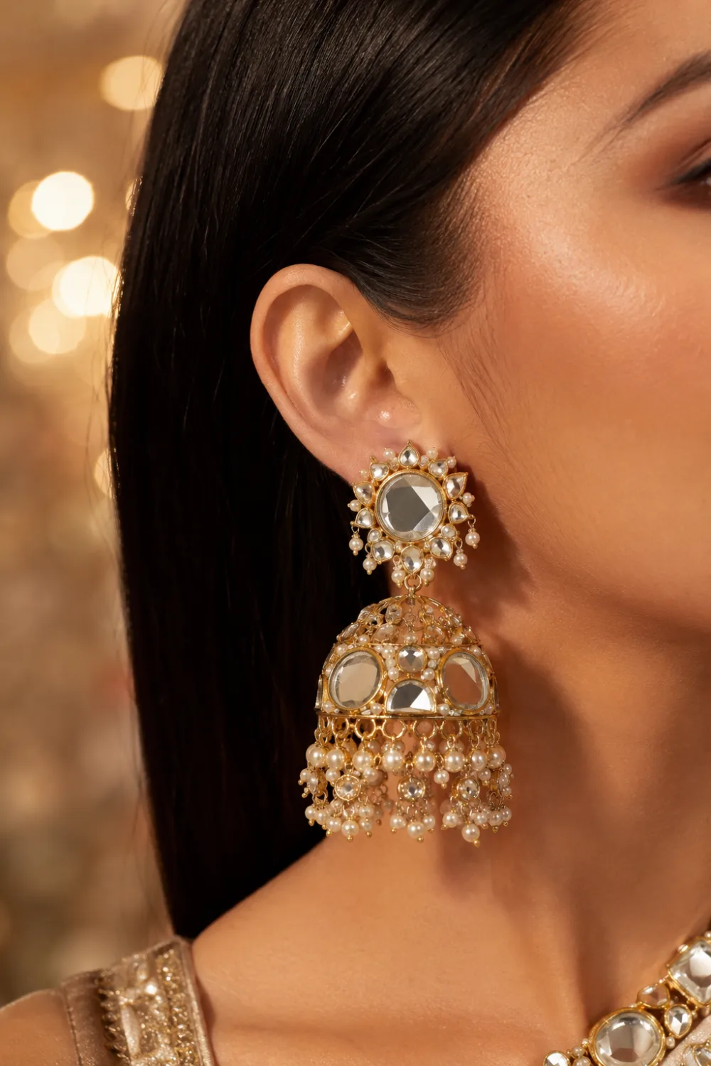 Mirror work gold jhumka earrings with reflective stone detailing, pearl tassels, intricate festive craftsmanship, and glamorous ethnic fashion styling with warm luxury lighting