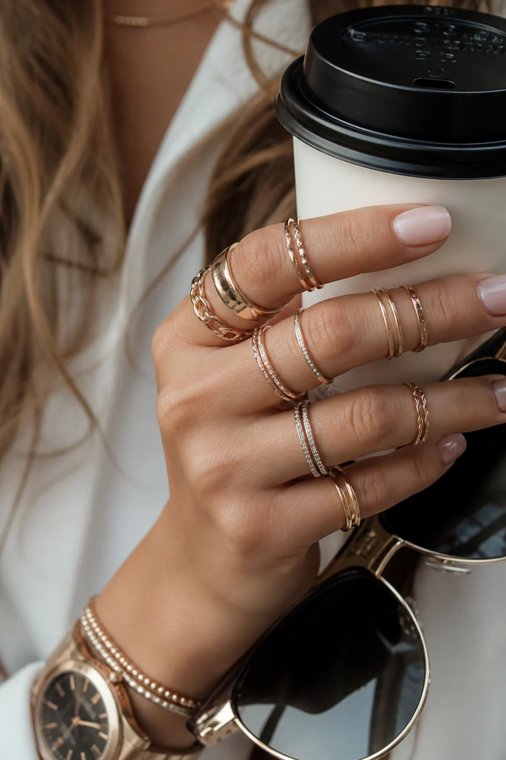 female hand wearing mixed metal knuckle rings stacked in gold silver and rose gold, layered midi rings, holding coffee cup, casual chic style, everyday jewelry aesthetic, modern trendy rings