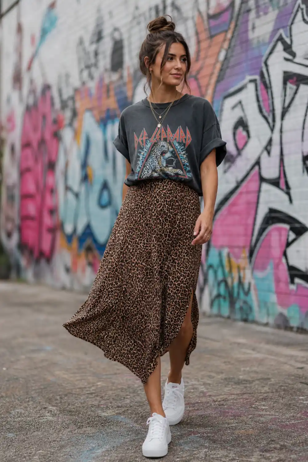 leopard print midi skirt with graphic tee and sneakers, casual street style female model urban outfit 2026 trendy look