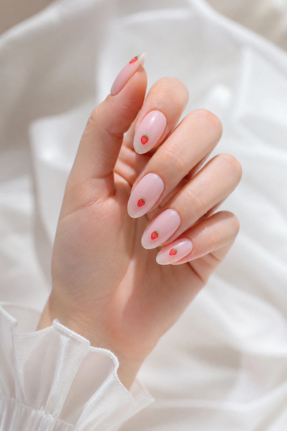 strawberry milk nails minimal tiny strawberry art milky pink nails soft aesthetic clean girl manicure almond shape glossy