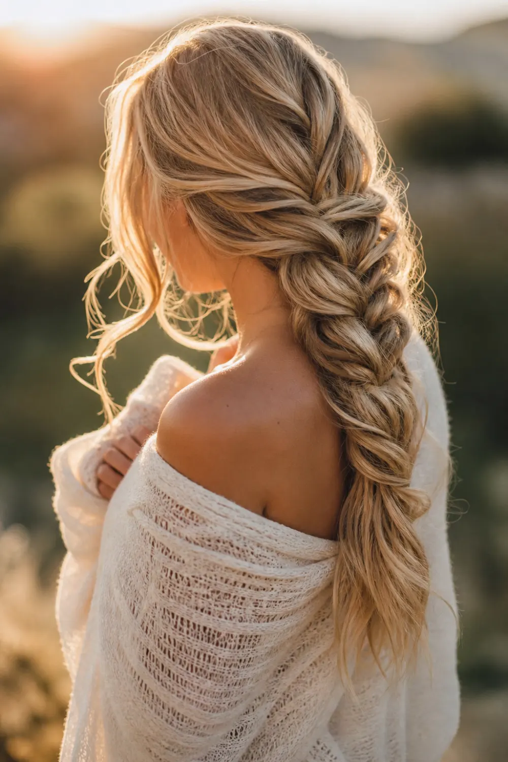 side braided ponytail loose waves soft texture relaxed hairstyle golden sunlight natural outdoor look feminine elegant