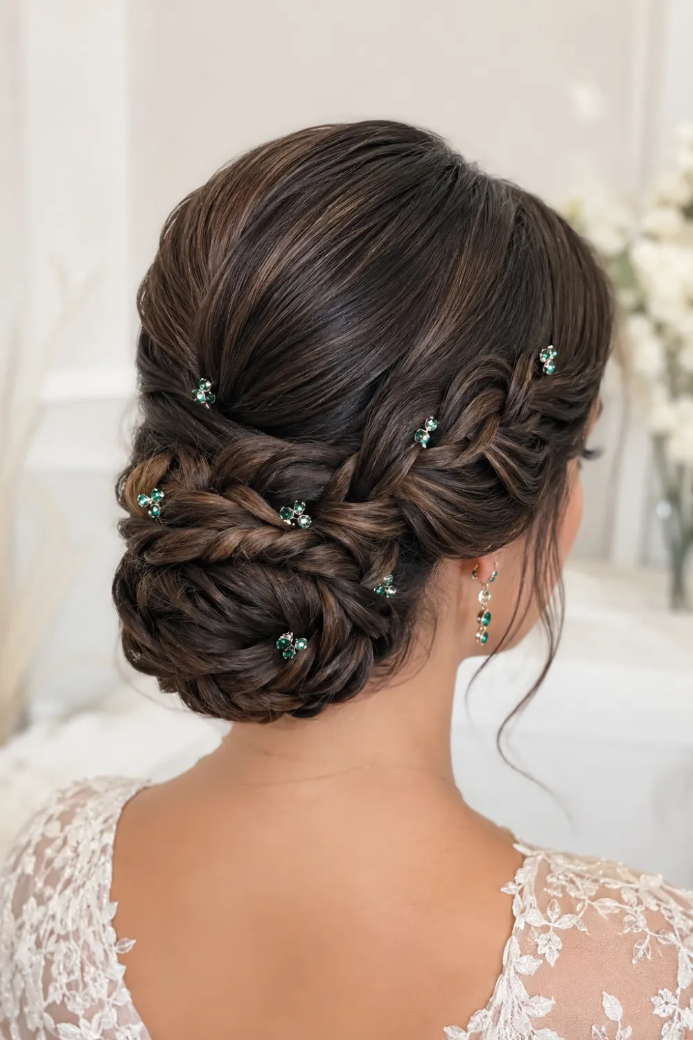 Emerald detail braided low bun hairstyle with smooth braided texture, glossy brunette hair, polished low bun, and green crystal accents for formal occasions.