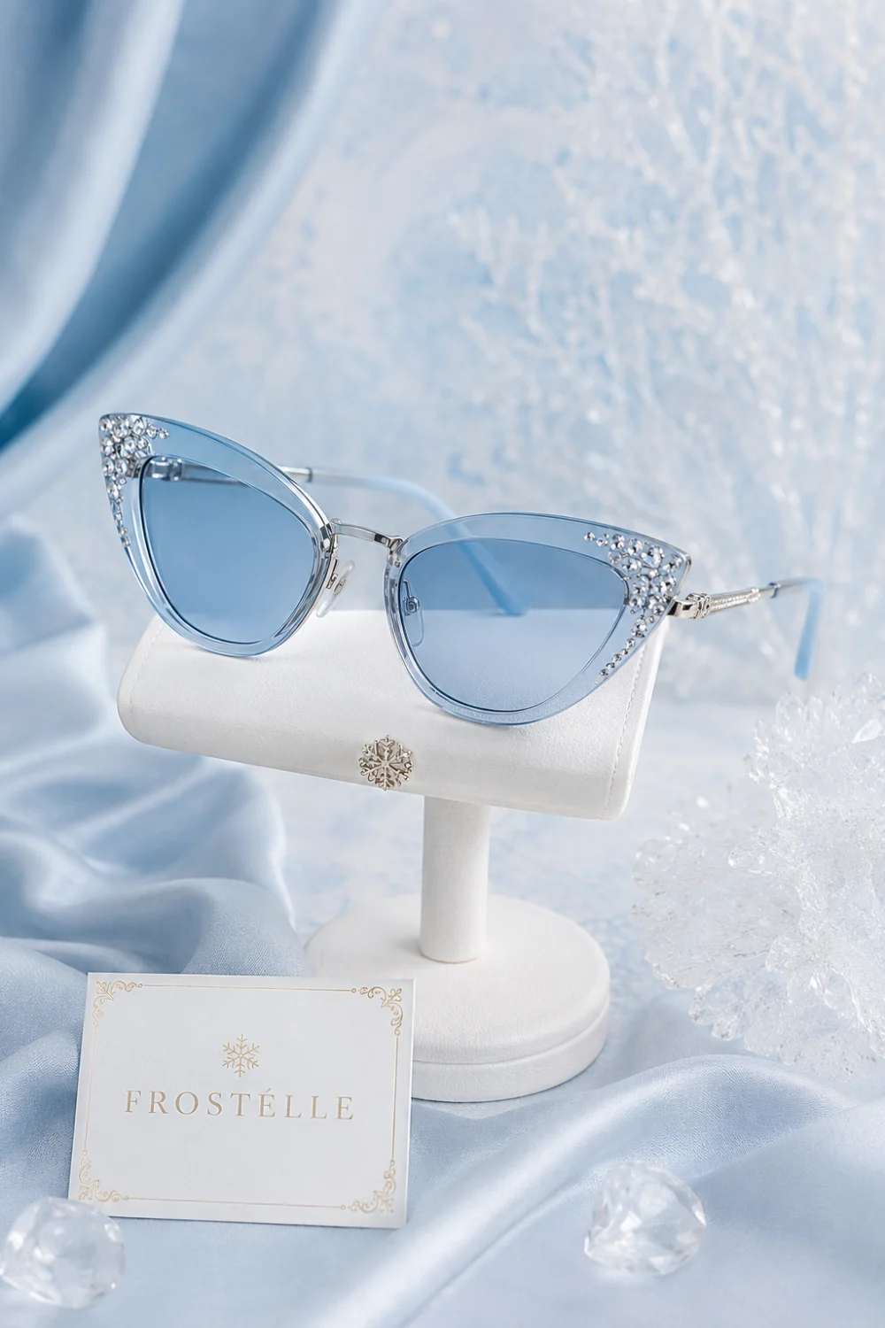 Icy blue crystal cat eye sunglasses with sparkling crystal details and luxury silver accents displayed in an elegant frozen glam fashion aesthetic for 2026.