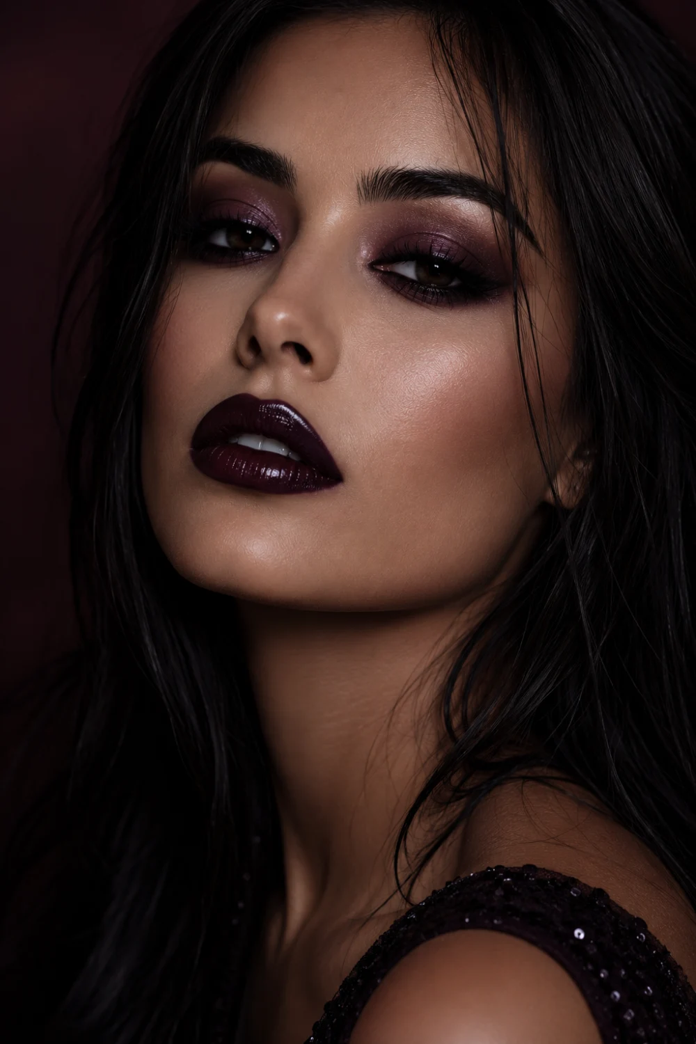 Ultra realistic beauty portrait featuring dark cherry gloss plum lips with rich burgundy tones, glowing skin, smoky berry eye makeup, glossy satin lip texture, and elegant feminine glam styling. Moody luxury beauty photography with dark romance makeup aesthetics and trendy plum lipstick inspiration for 2026.