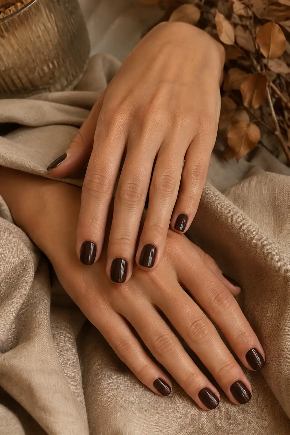 Glossy chocolate brown short nails with cozy autumn styling, beige knit textures, earthy luxury beauty aesthetic, and elegant feminine manicure photography.