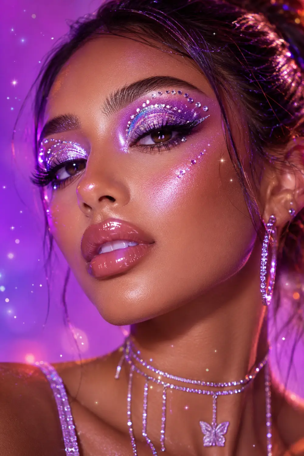 Purple glitter Y2K makeup with sparkling lavender eyeshadow, glossy pink lips, rhinestone accents, glowing skin, dramatic lashes, and dreamy retro glam beauty aesthetics.