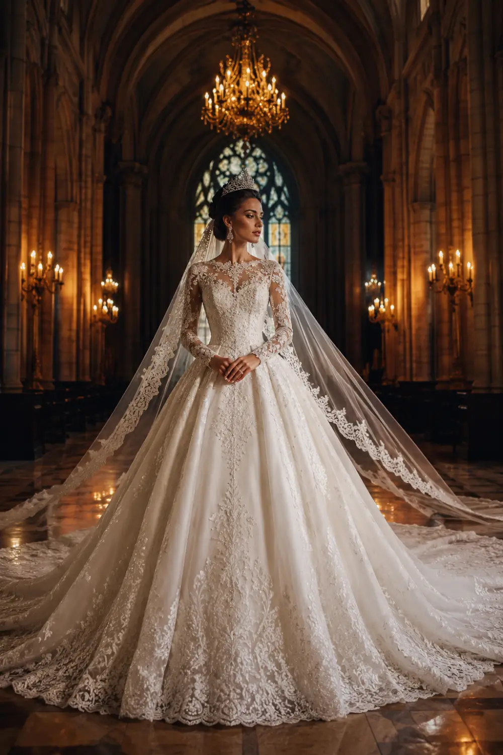 Royal long sleeve lace ball gown wedding dress with intricate embroidery, dramatic cathedral veil, sparkling tiara, and elegant princess silhouette inside a grand cathedral with glowing chandeliers.