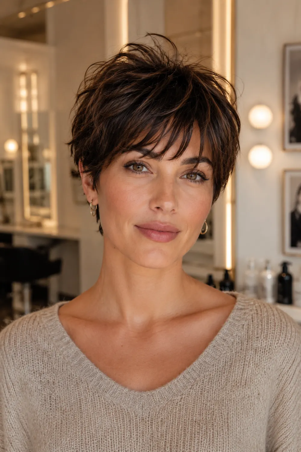 Messy chocolate brown pixie cut with textured choppy layers, tousled short hairstyle, and soft brunette volume in a modern luxury beauty salon interior.