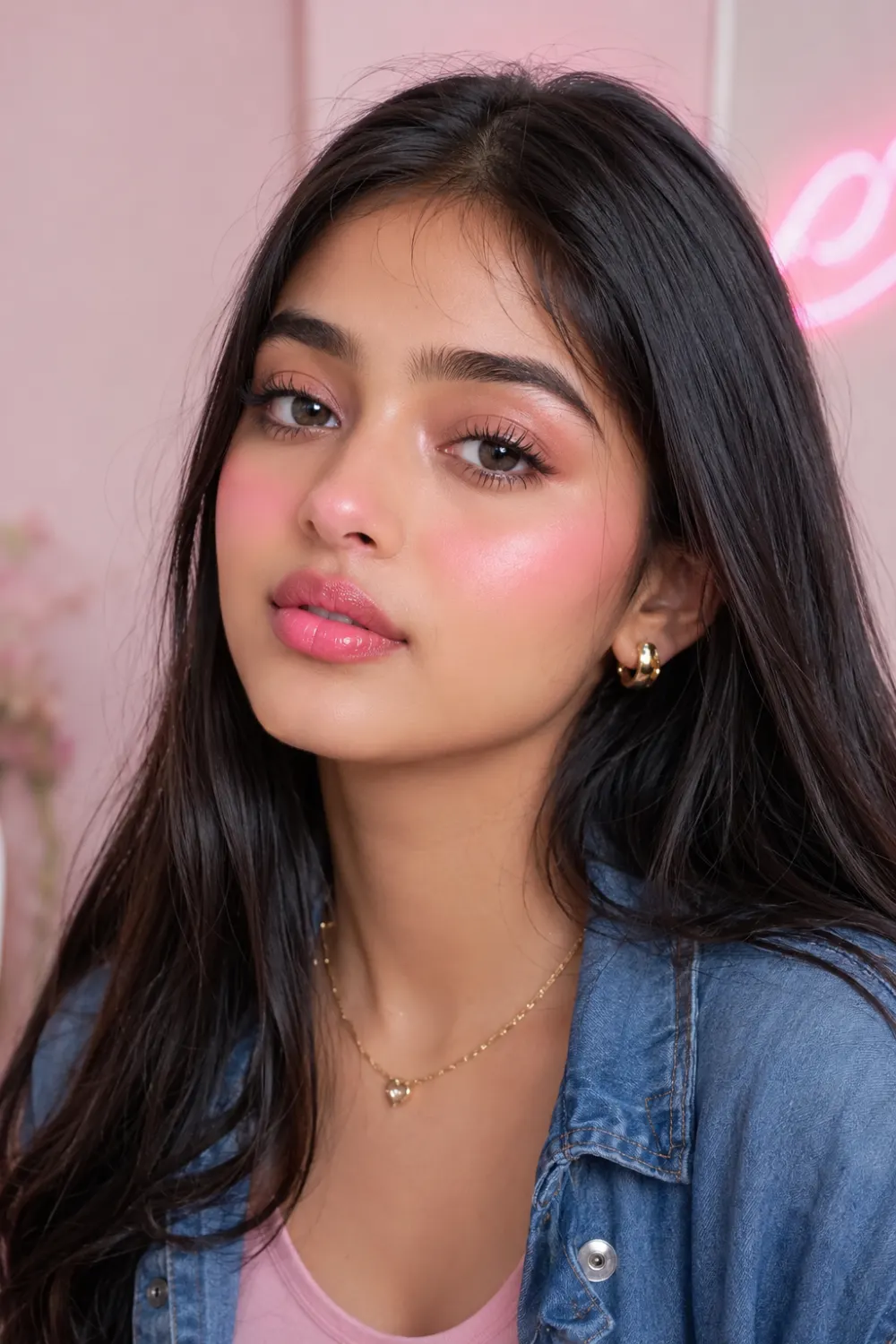 Bubblegum pink glow makeup with bright rosy blush cheeks, glossy pink lips, fluffy lashes, dewy skin, denim outfit, and youthful feminine Pinterest beauty aesthetic.