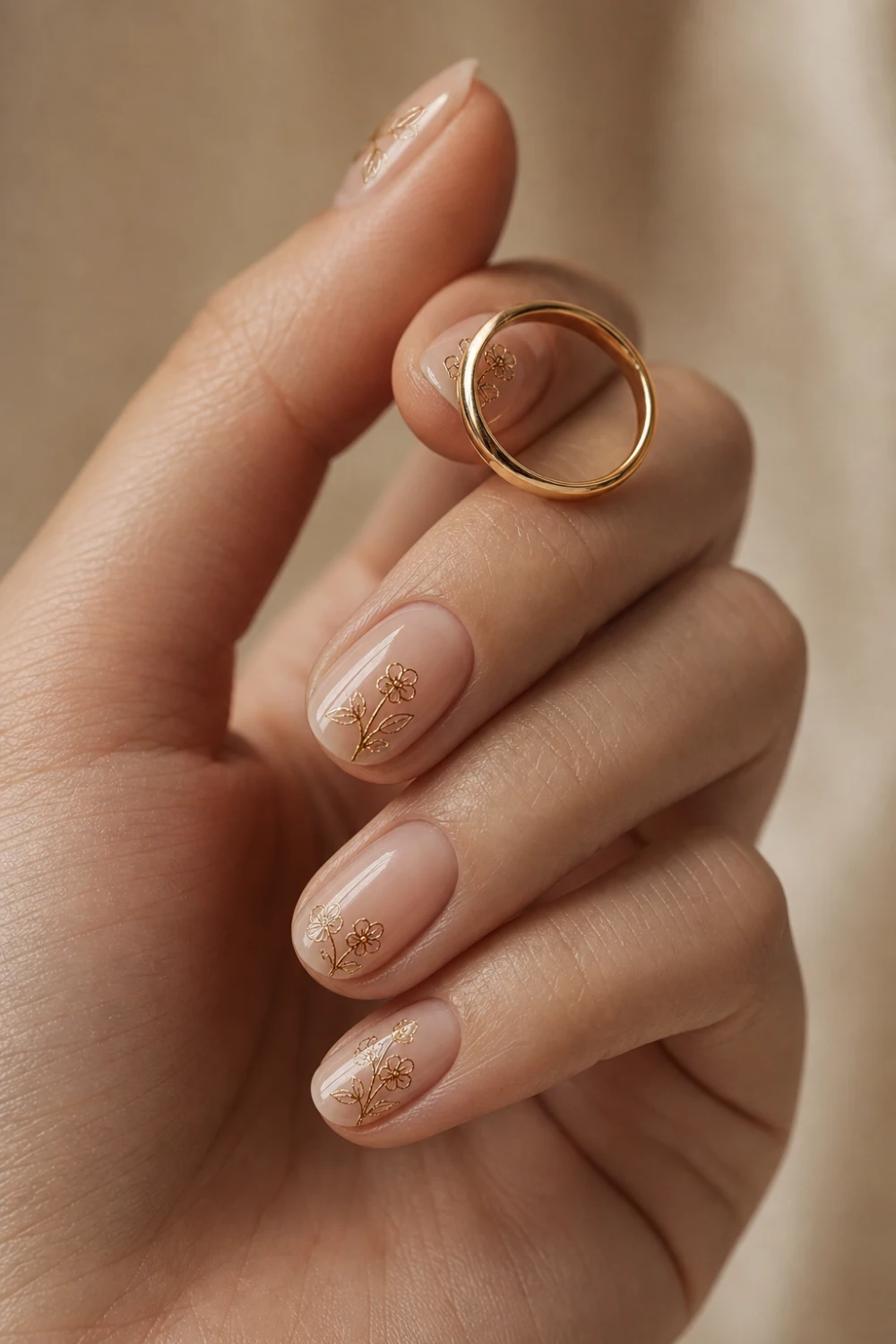 nude glossy nails with fine gold floral line art, micro metallic flowers, elegant minimal manicure, luxury aesthetic close up
