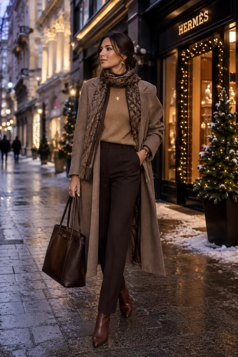 Cozy winter business casual outfit with camel wool coat, knit sweater, dark tailored trousers, patterned scarf, brown leather boots, and luxury cold weather office styling.