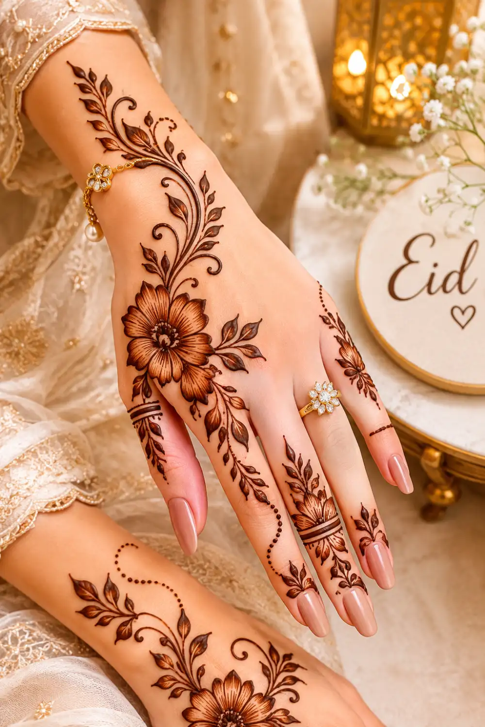 Bold floral Arabic mehndi design for Eid ul Adha 2026 featuring large floral henna patterns, leafy vines, nude nails, and elegant festive outfit styling.