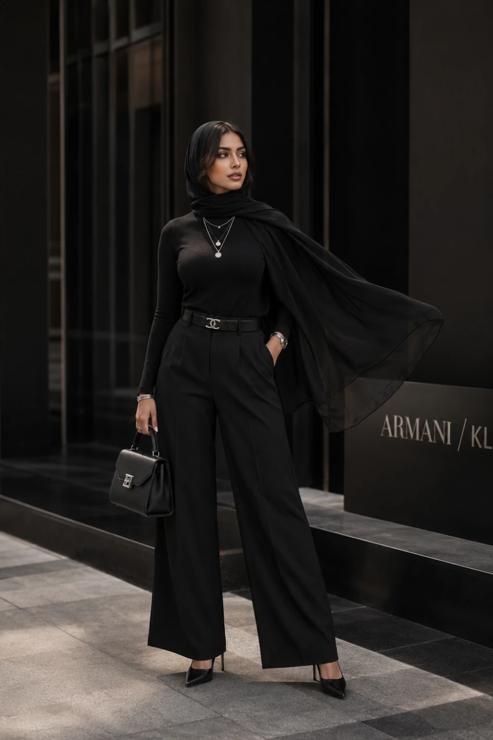 Fashionable hijabi woman wearing an all-black modest outfit with wide-leg trousers, fitted black top, black chiffon hijab, pointed heels, layered silver jewelry, and a luxury handbag while standing in a modern luxury city setting. The monochrome fashion look features sleek editorial-inspired modest styling.