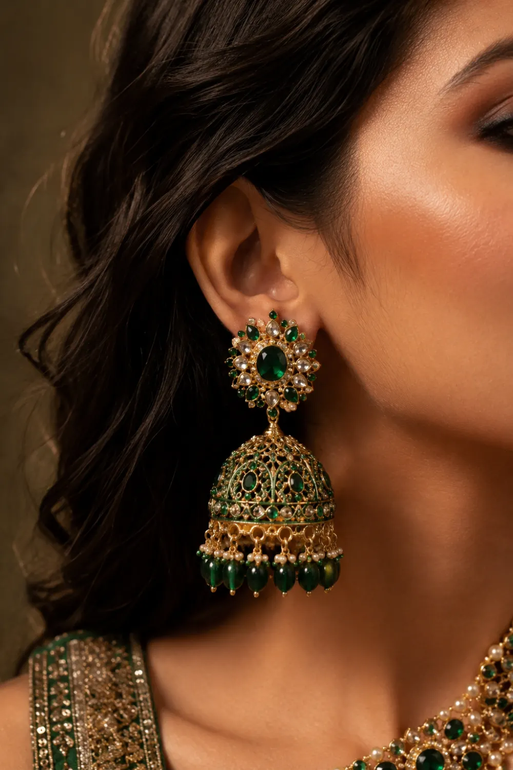 Emerald stone gold jhumka earrings with royal green gemstone detailing, intricate gold patterns, luxury ethnic styling, and glamorous wedding fashion aesthetic