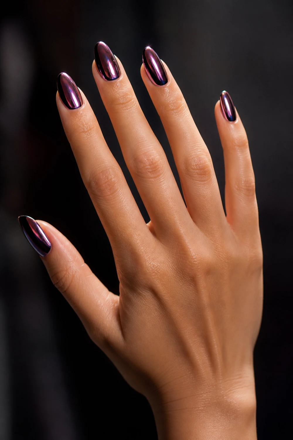 berry chrome nails metallic purple pink mirror finish glossy almond nails bold aesthetic manicure shiny reflective surface