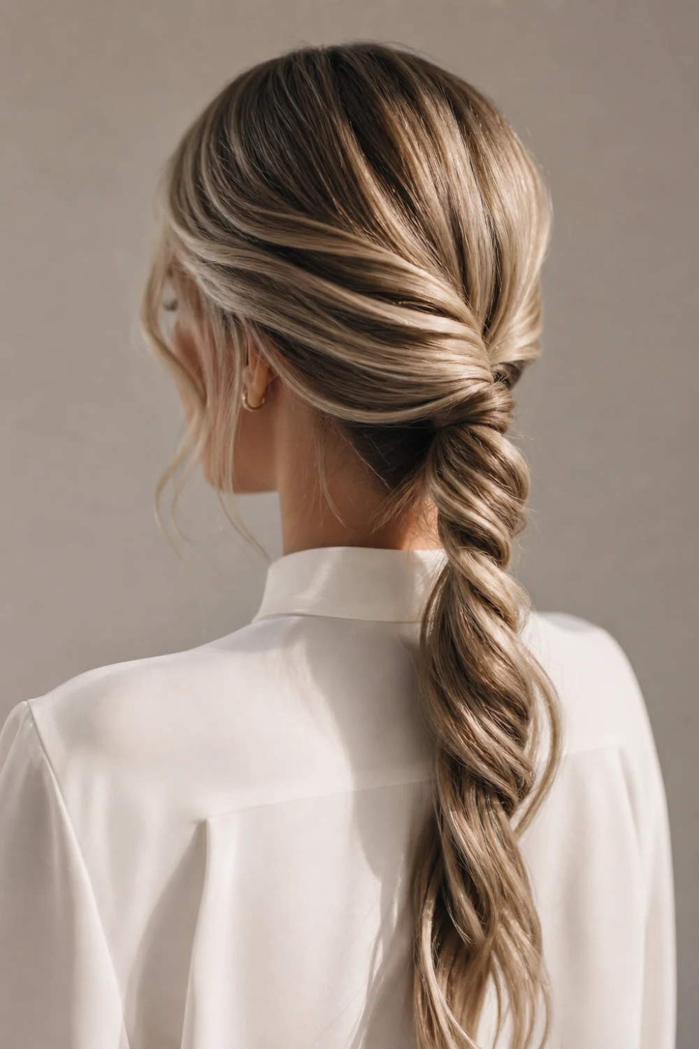 rope braid ponytail twisted strands sleek smooth finish minimal hairstyle clean modern look neutral background