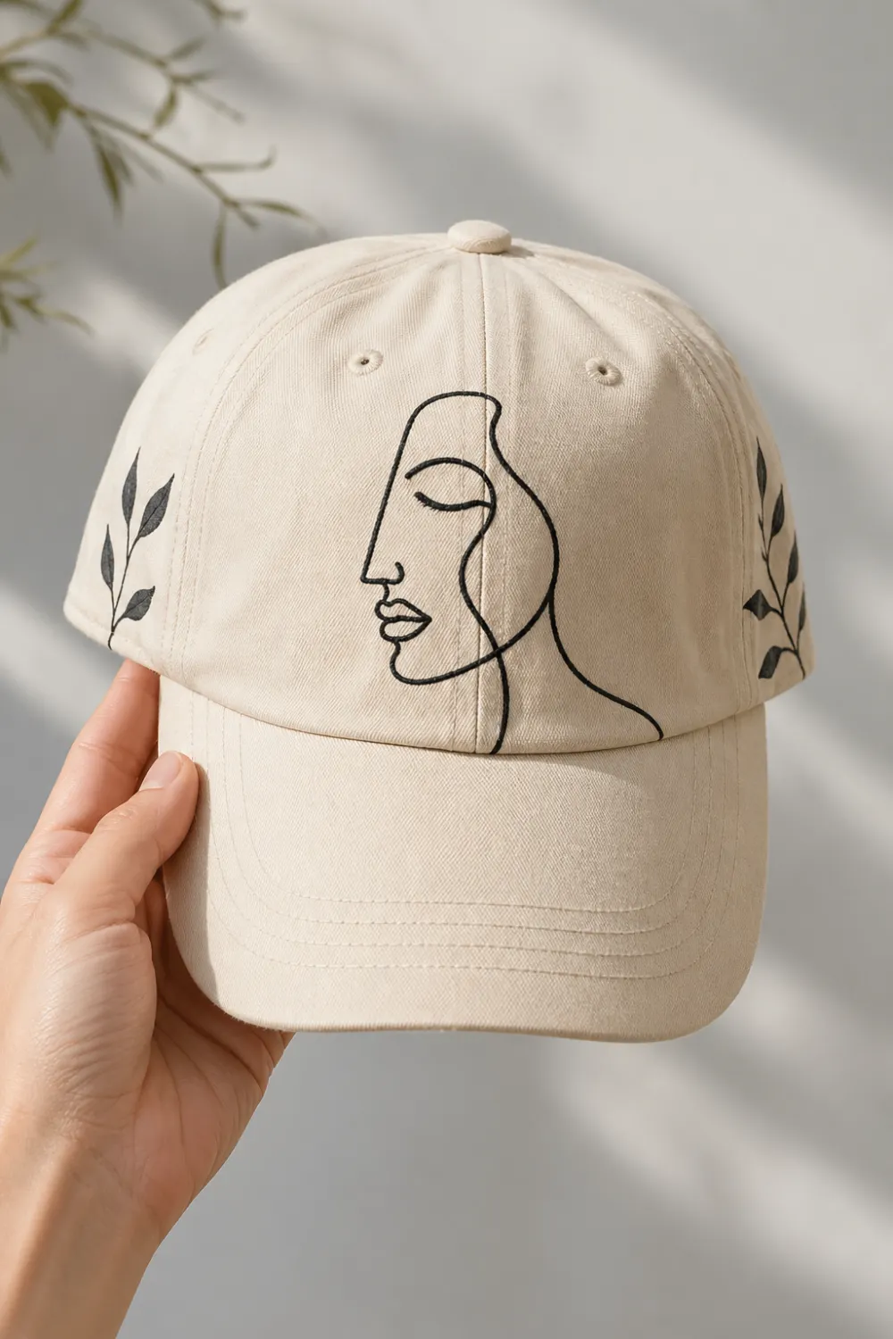 Beige hand painted cap with minimal line art face design and small leaf elements, modern aesthetic DIY hat