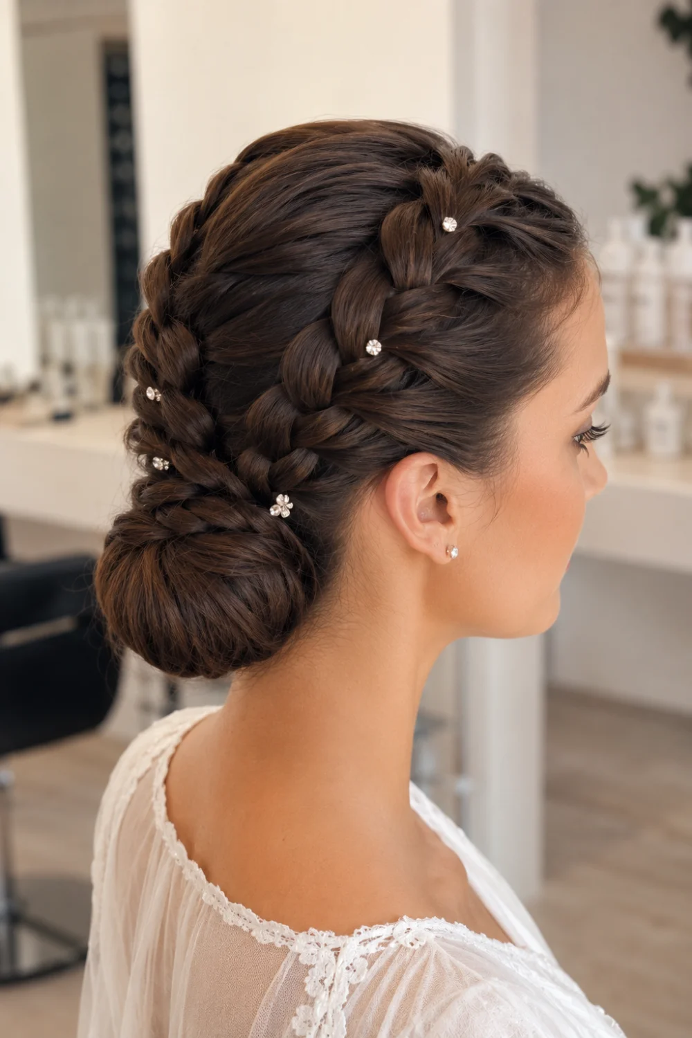 Double braided jewel updo hairstyle with two woven braids, smooth polished low bun, glossy brunette hair, and delicate crystal accents for weddings.