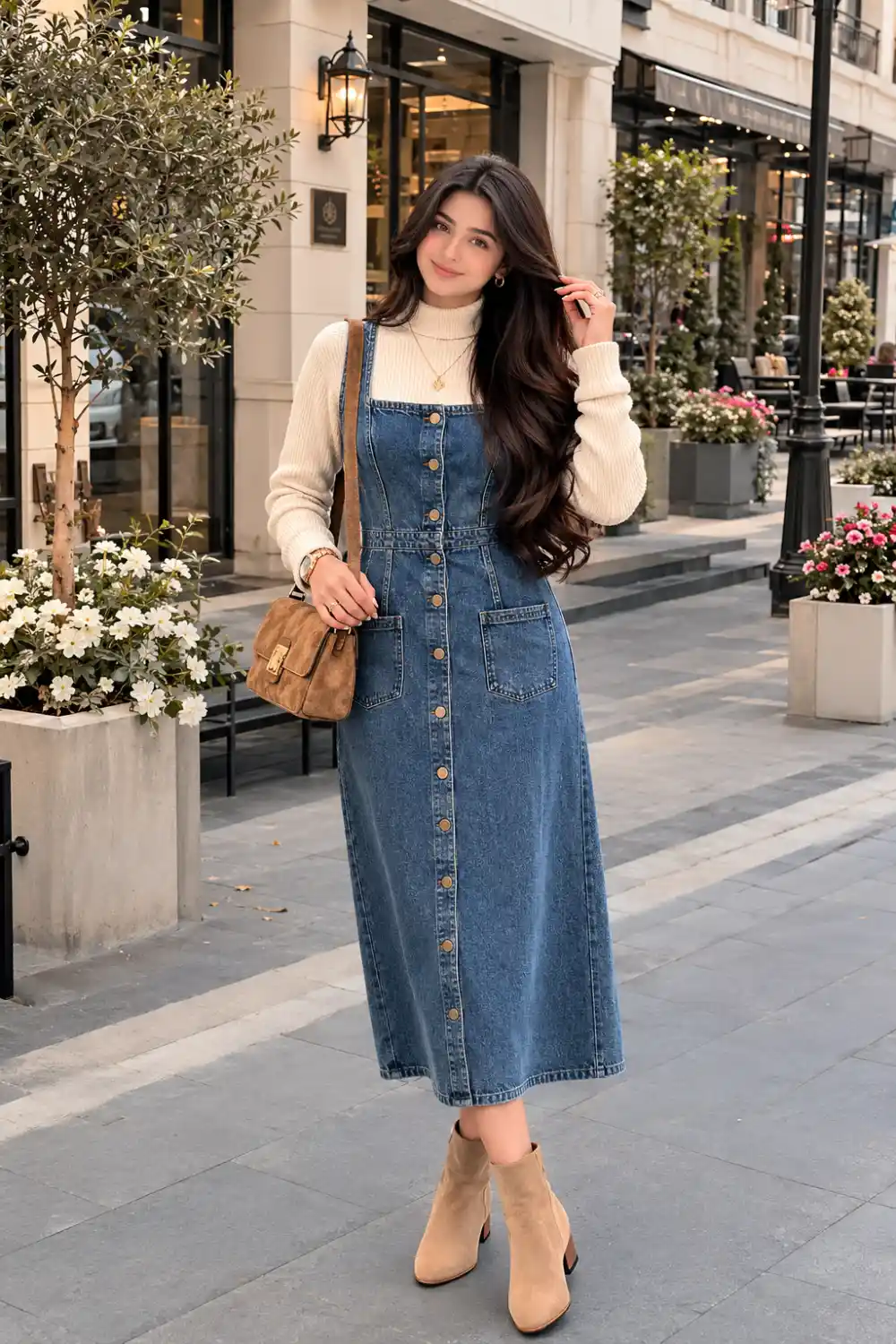 Woman wearing a denim midi dress layered over a cream turtleneck sweater with ankle boots and a suede handbag in a luxury outdoor shopping street.