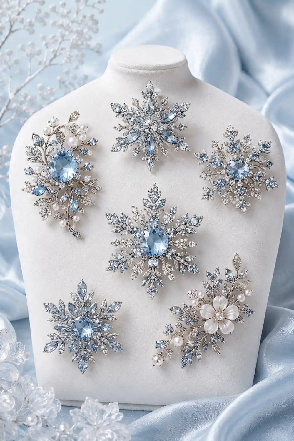 Snowflake ice blue crystal brooches with pearl accents and sparkling silver details displayed in a luxurious winter-inspired jewelry aesthetic for 2026 fashion trends.