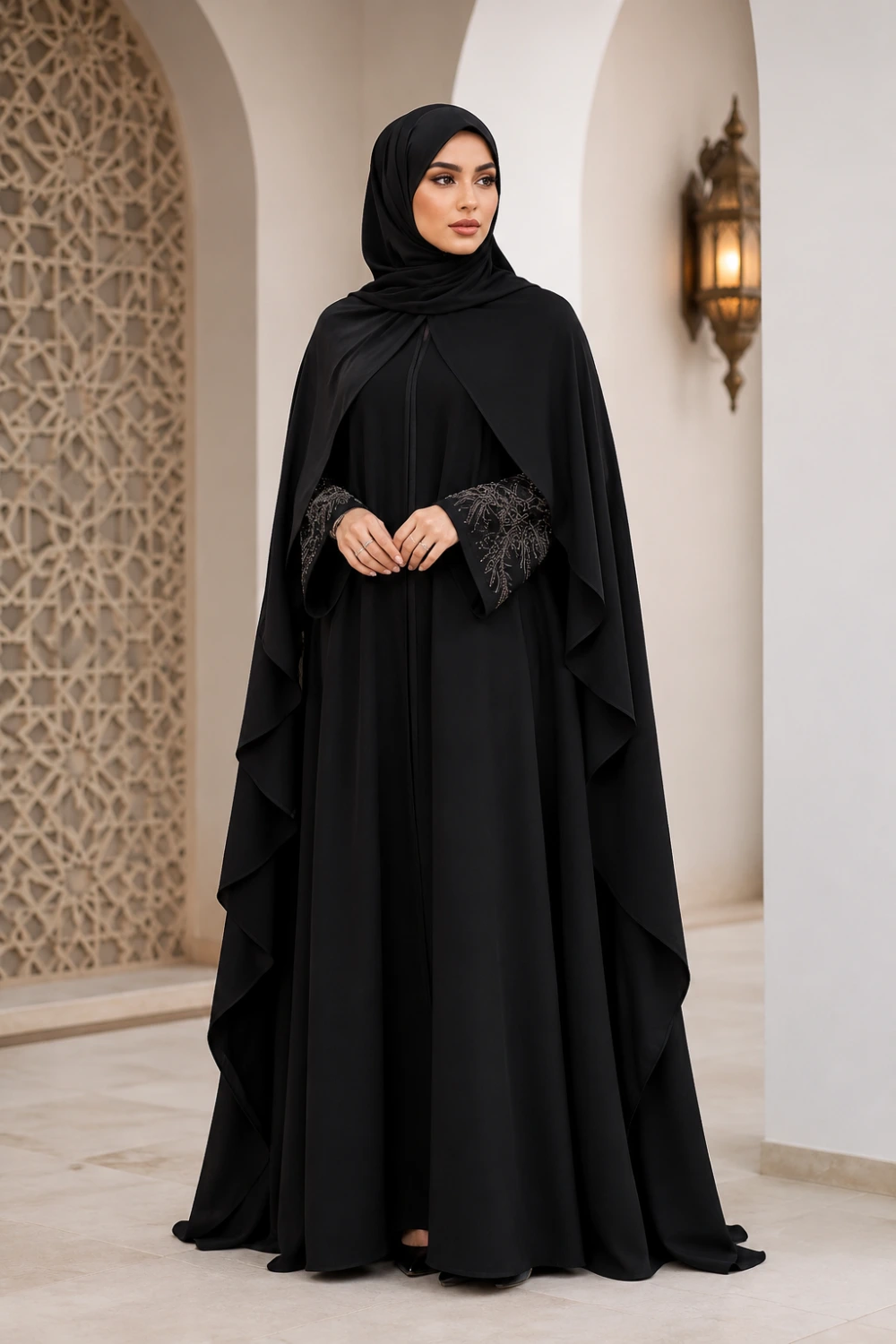 Muslim model wearing layered black cape style abaya with embroidered sleeves and matching hijab full body luxury modest fashion look