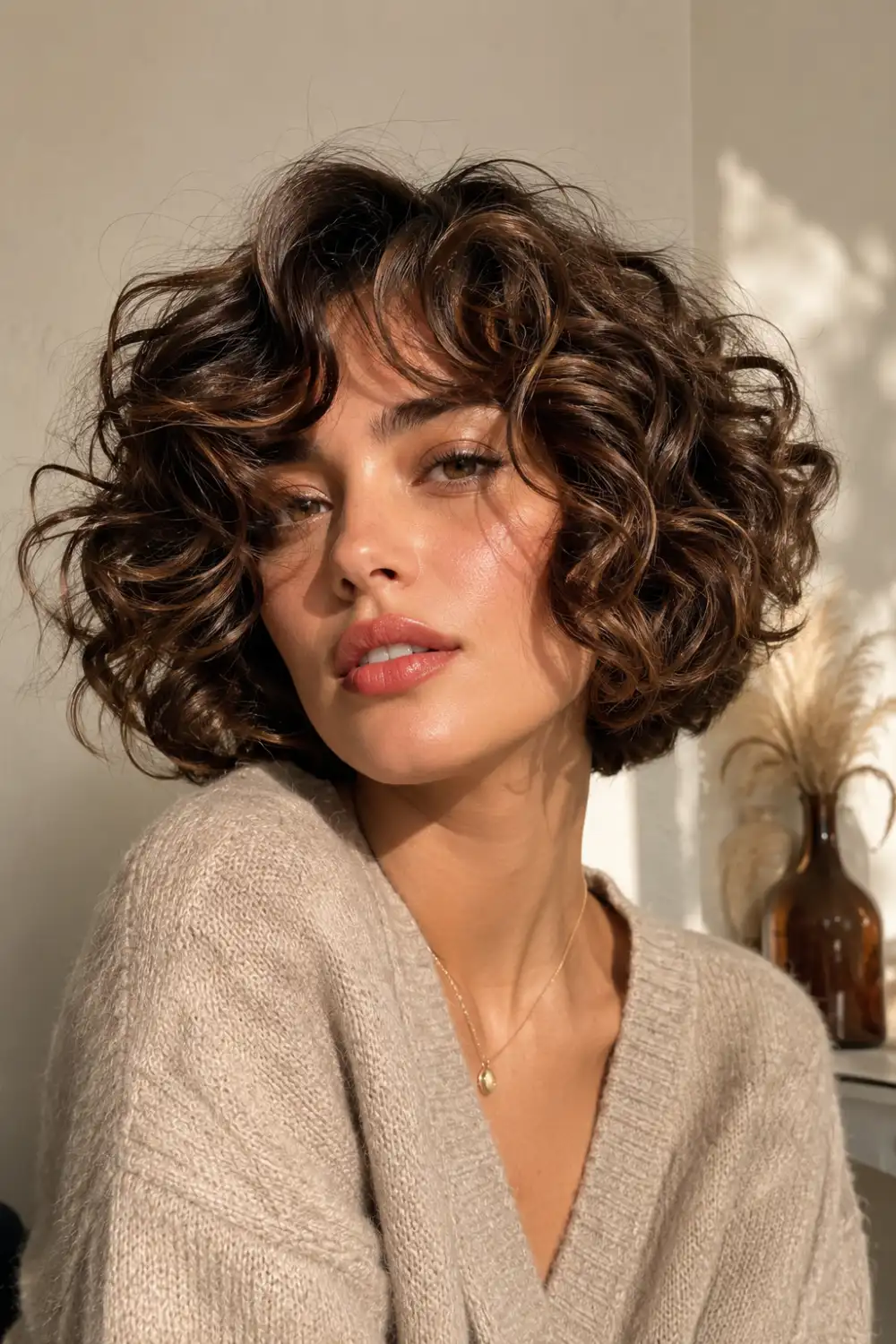 Curly voluminous wavy bob hairstyle with defined soft curls, rounded brunette shape, fluffy texture, and glamorous short hair volume for 2026 trends.