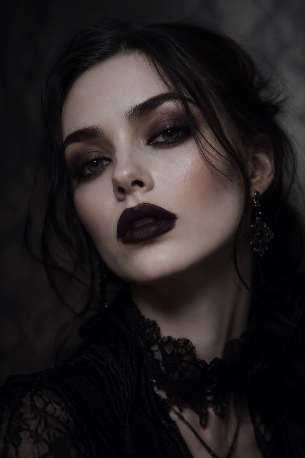 Dramatic gothic beauty portrait featuring matte black plum lipstick, porcelain skin, smoky eye makeup, black lace styling, dark brunette hair, and moody editorial beauty lighting. Ultra dark plum lip trend with elegant gothic glam aesthetics and dark romance makeup inspiration for 2026.