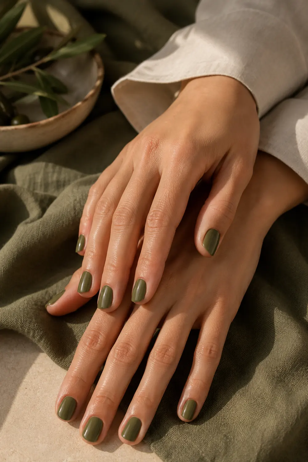 Olive green short nails with glossy earthy manicure styling, warm natural lighting, neutral fabric textures, and modern feminine beauty aesthetic.