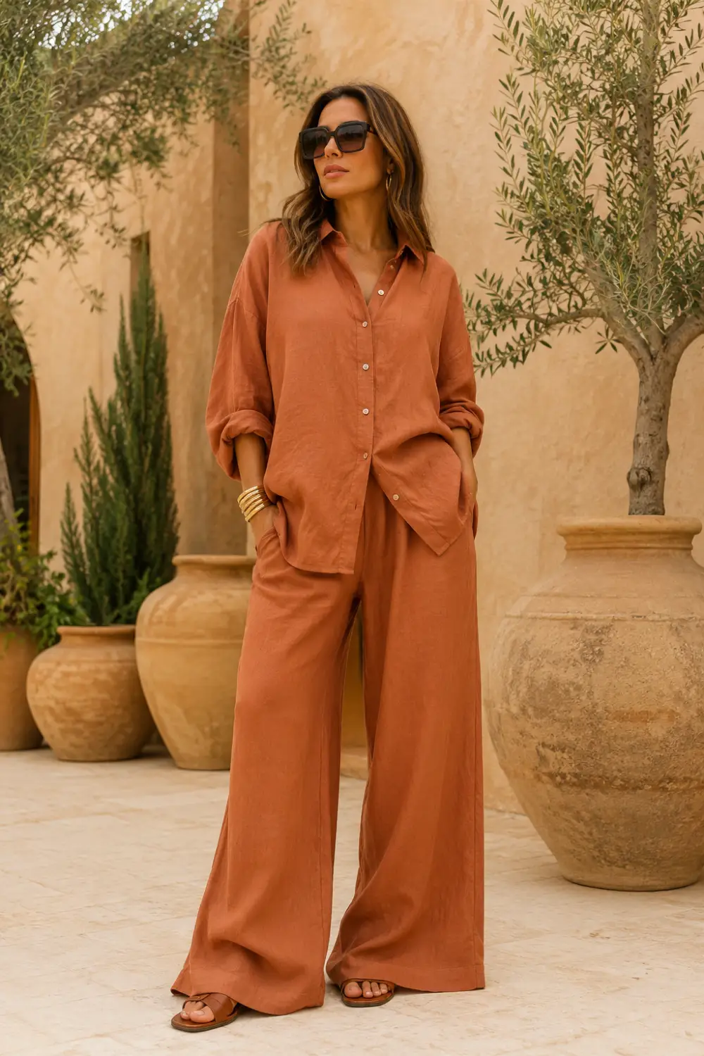 Woman wearing a terracotta oversized linen shirt and wide palazzo pants co-ord set with leather sandals in a Mediterranean courtyard