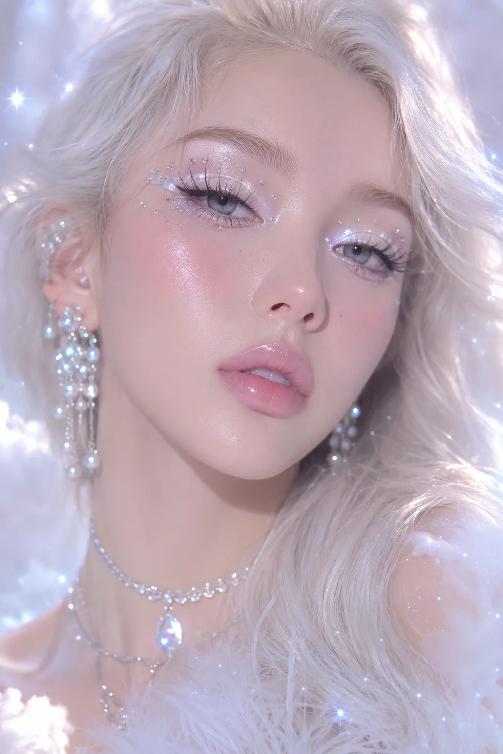 Icy white angel Y2K makeup featuring frosty shimmer eyeshadow, glossy pale pink lips, glowing skin, crystal jewelry, platinum blonde hair, and dreamy angelcore retro beauty aesthetics.
