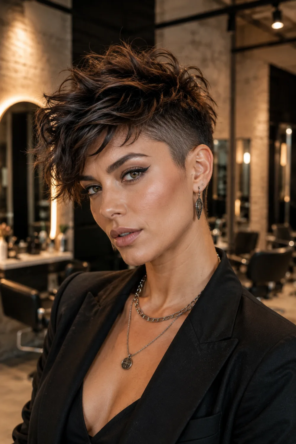 Edgy undercut pixie hairstyle with shaved sides, voluminous textured layers, and dramatic short brunette hair styling in a luxury industrial salon setting.