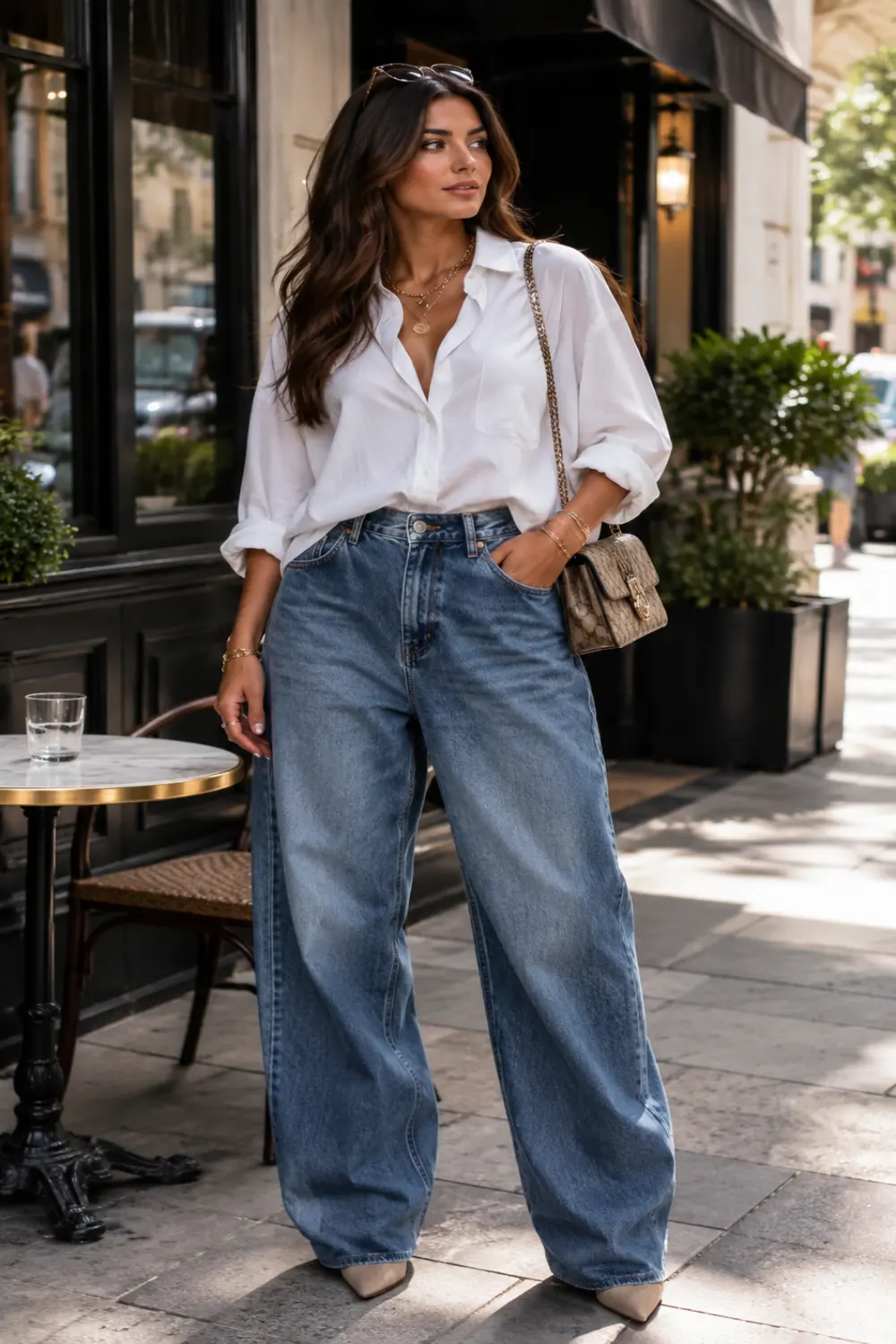 Fashionable woman wearing an oversized white button-up shirt with wide leg baggy denim jeans, pointed heels, gold jewelry, and a luxury crossbody bag outside a chic city café.