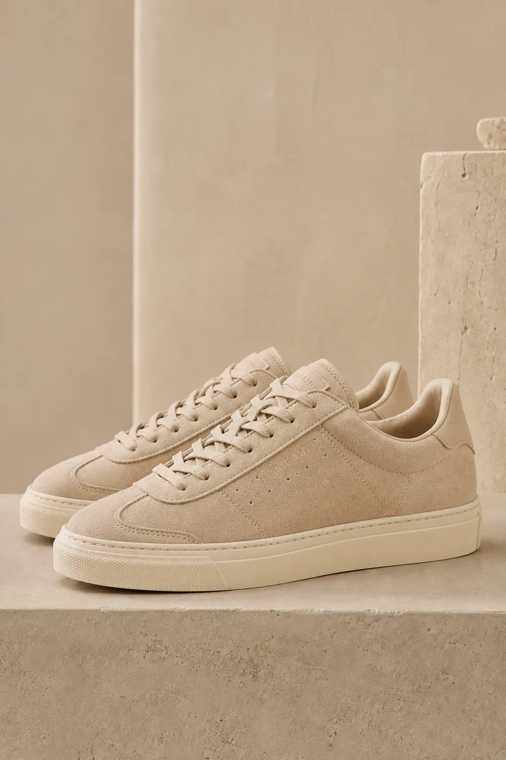 Beige suede minimal women sneakers with neutral luxury aesthetic and soft creamy tones styled for classy everyday outfits and quiet luxury Pinterest fashion inspiration.